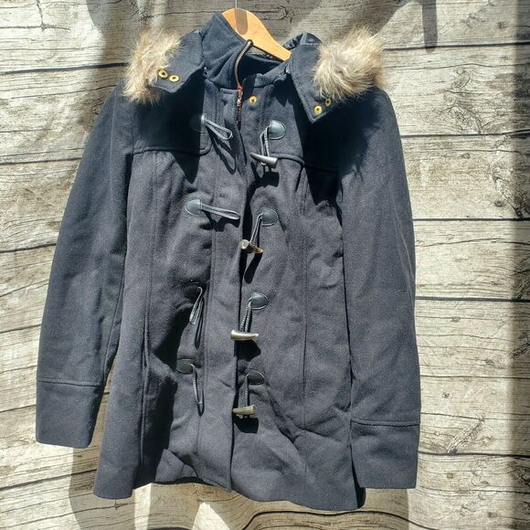 Alpine Swiss Duffy Womens Hooded Parka Fur Trim Wool Coat Toggle Button Jacket S - Picture 4 of 16